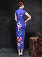 Elegant Blue Peony Print Short Cheongsam Dress